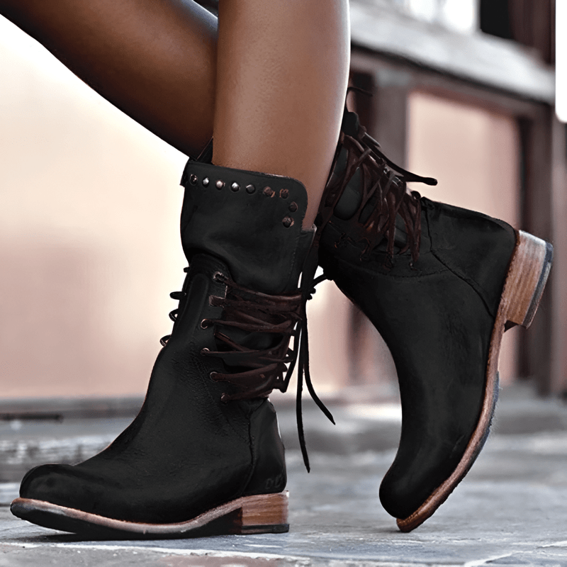 Women’s Studded Lace-Up Mid-Calf Boots with Low Heel and Vintage Finish