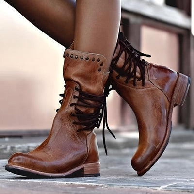 Women’s Studded Lace-Up Mid-Calf Boots with Low Heel and Vintage Finish