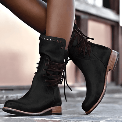 Women’s Studded Lace-Up Mid-Calf Boots with Low Heel and Vintage Finish