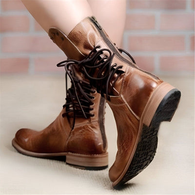 Women’s Studded Lace-Up Mid-Calf Boots with Low Heel and Vintage Finish