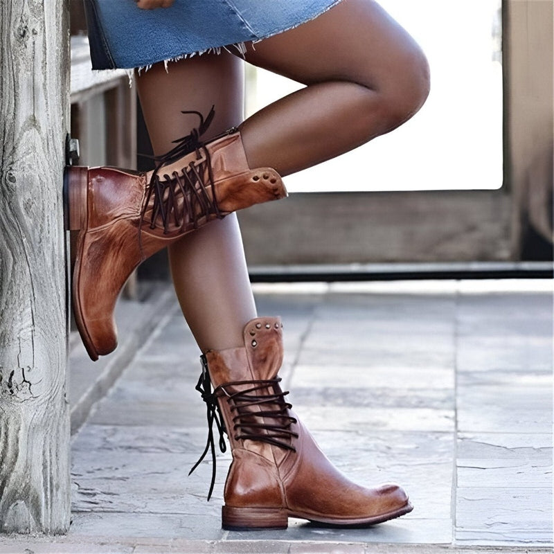 Women’s Studded Lace-Up Mid-Calf Boots with Low Heel and Vintage Finish