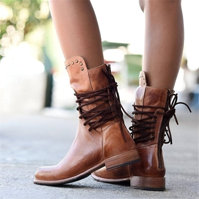 Women’s Studded Lace-Up Mid-Calf Boots with Low Heel and Vintage Finish