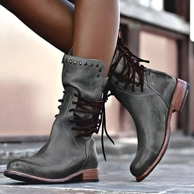 Women’s Studded Lace-Up Mid-Calf Boots with Low Heel and Vintage Finish
