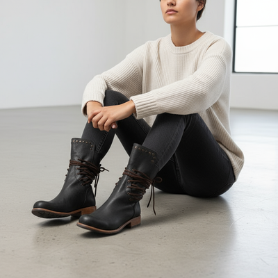 Women’s Studded Lace-Up Mid-Calf Boots with Low Heel and Vintage Finish