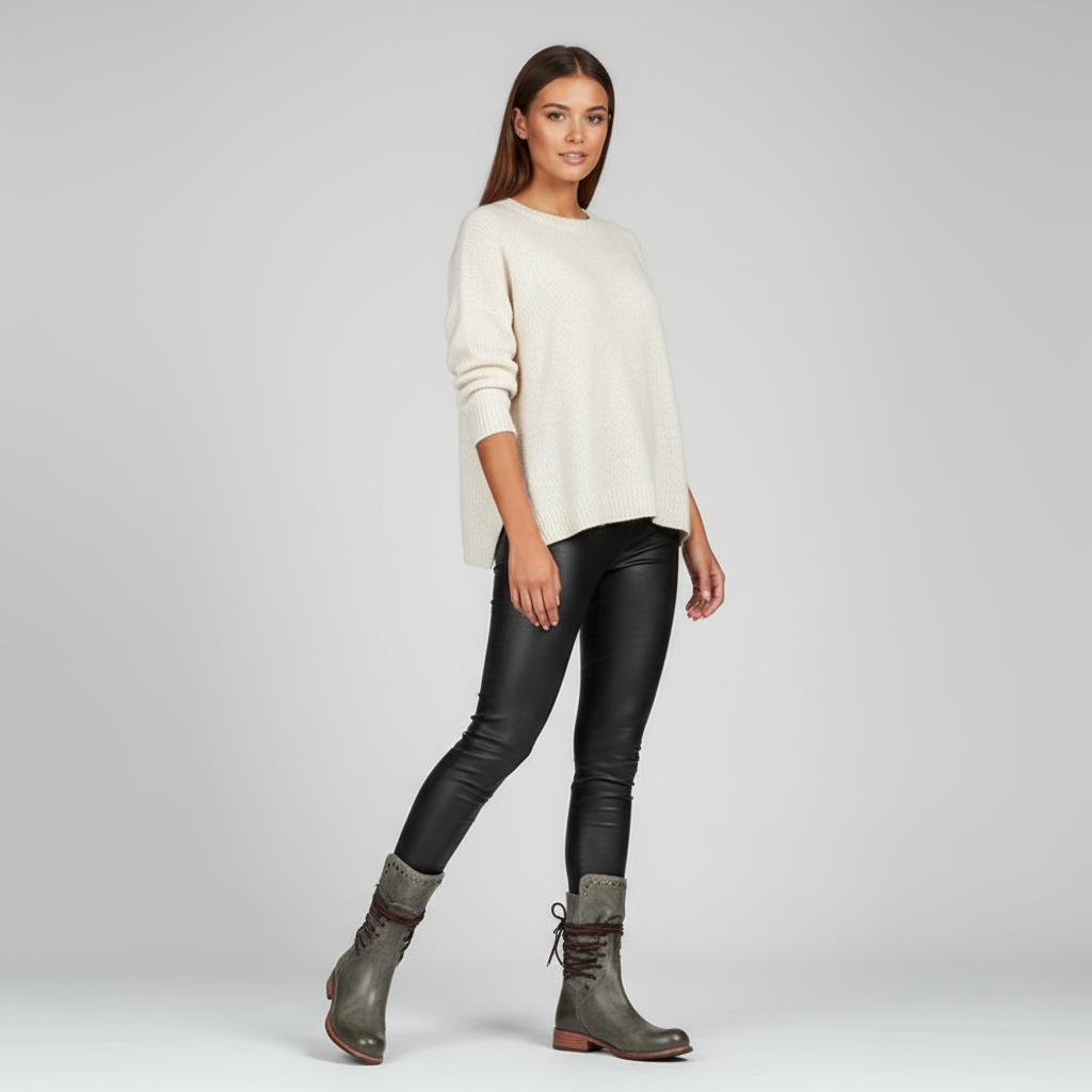 Women’s Studded Lace-Up Mid-Calf Boots with Low Heel and Vintage Finish